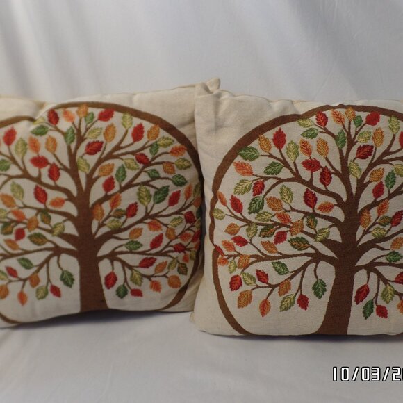 Fall Tapestry Pillows Trees Set of 2 15x15 Excellent Condition - Picture 1 of 6